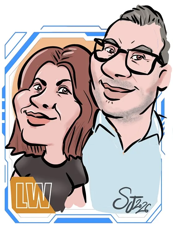 Digital caricature of a couple with a futuristic blue frame and the LW logo
