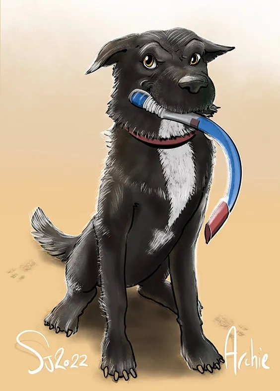 Illustration of the same dog holding a snorkel