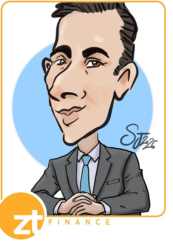 Digital colour caricature of a man in a suit, ZT Finance branded