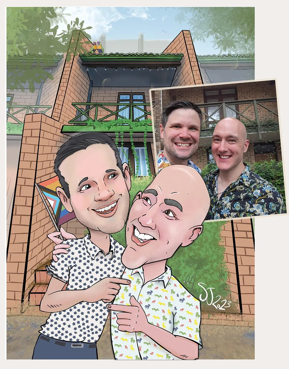 Caricature of two men in front of a brick house, with the reference photo it was drawn from tilted over the corner