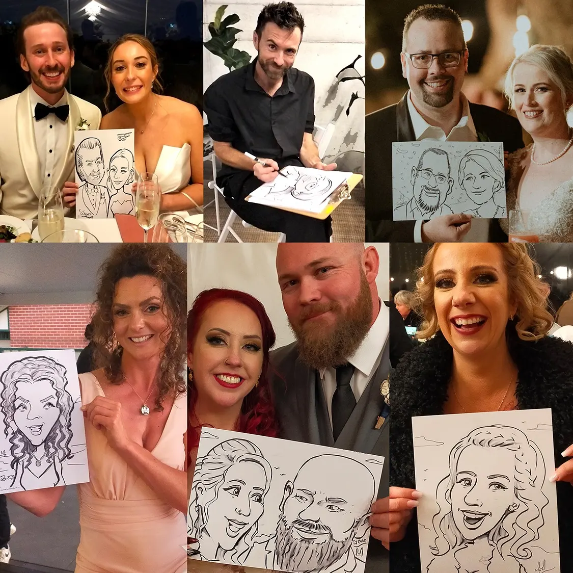 Six photos of wedding guests holding the live caricatures Sam drew of them