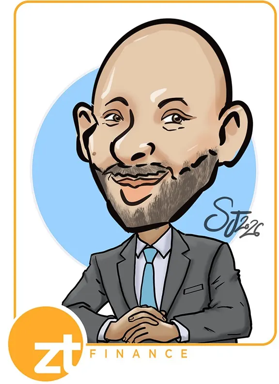 Digital colour caricature of a bald man with a beard, ZT Finance branded